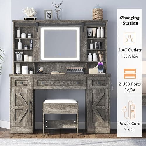 AMERLIFE 47.2" Farmhouse Vanity Desk with Mirror and Lights, Rustic Makeup Vanity Table with Charging Station, Vanity Set with Stool & Storage, LED Sliding Mirror & Glass Top, Dark Oak Finish thumbnail 3