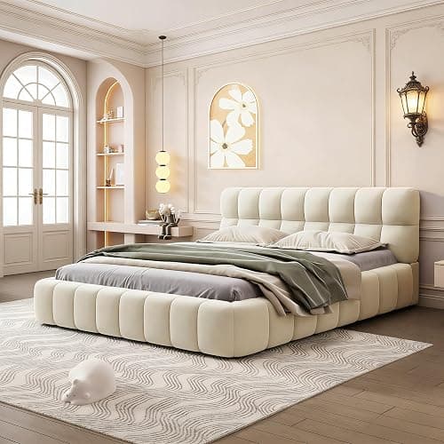 BRILVERDE Upholstered Bed with Slatted Frame and Backrest, Double Bed, Youth Bed, Flat Bed with Padded Border, Padded Bed, Youth Bed Frame, Linen (Beige, 140 x 200 cm) thumbnail 4
