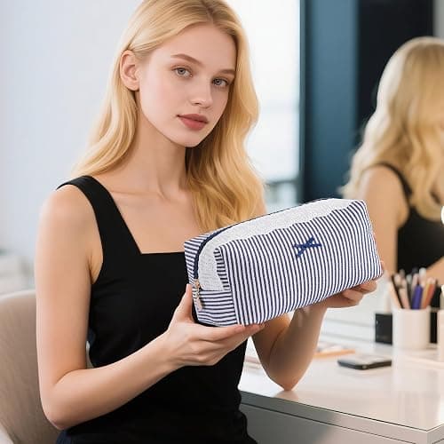 UUYUUY Makeup Bag Travel Toiletry Bag for Women, Small Cosmetic Bags with Lace Trim Cute Navy Stripe Aesthetic Organizer Makeup Pouch for Purse Emergency Bag for School Pencil Case Accessory Bag thumbnail 2