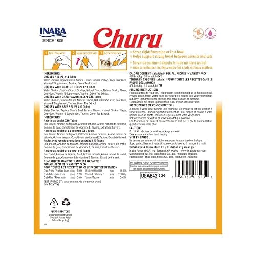 INABA Churu Cat Treats, Grain-Free, Lickable, Squeezable Creamy Purée Cat Treat/Topper with Vitamin E & Taurine, 0.5 Ounces Each Tube, 40 Tubes, Chicken Variety Box thumbnail 9