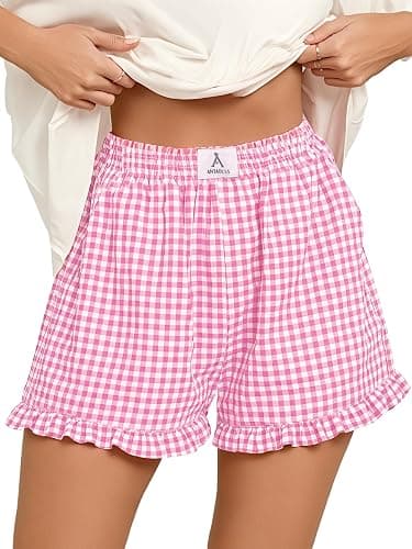 ANRABESS Boxer Shorts for Women,Gingham Plaid Elastic Waist Ruffle,Perfect for Lounge,Pajama&Sleep,Cute Casual Summer Bottoms - Image 1