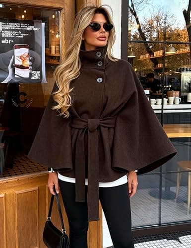 Hooever Women Batwing Sleeve Ponchos Pea Coat Wool Bland Stand Collar Jacket Winter Cropped Overcoat thumbnail 4