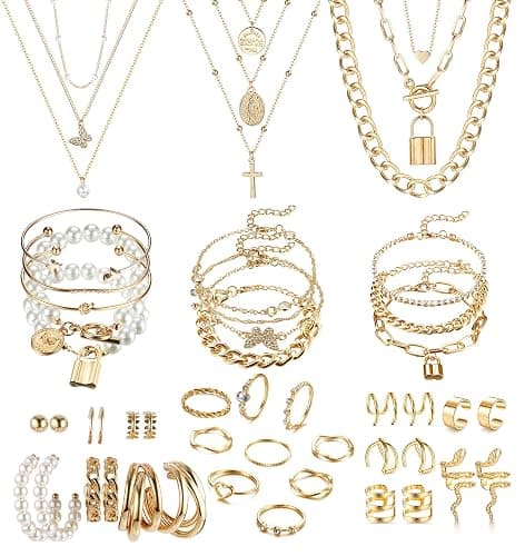 JeryWe 46 Stück Schmucksets für Damen mit 3 PCS Halskette 12 Stück Armbänder 9 Stk. Achsschenkel Ringe 10PCS Ear Cuff Ohrklemme Ohrringe und 12 Stk Vergoldete Ohrringe Schmuck-accessoires - Image 1