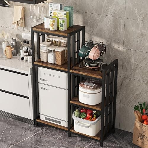 jarrvz 6-Tier Kitchen Bakers Rack, Freestanding Mini Fridge Stand Height Adjustable Bakers Rack with Storage, Sturdy Microwave Stand with Storage, Mini Fridge, Coffee Bar for Living Room Rustic Brown thumbnail 6