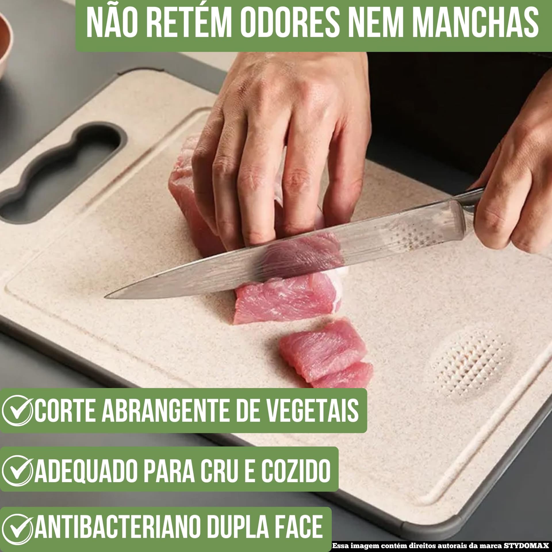 Tábua de Corte Inox Cozinha Dupla Face Aço Inoxidável e PP, Superfície Higiênica para Carnes, Frutas e Vegetais, Afiador Integrado Base Antiderrapante e Alça Ergonômica Premium thumbnail 7