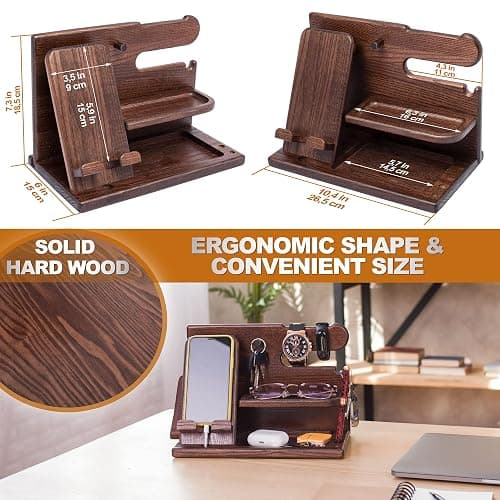 TESLYAR Wood Phone Docking Station for Men - Desk or Nightstand Organizer - Birthday Gifts for Husband, Dad - Anniversary Idea from Wife - Key Holder, Stand Wallet, Watch & Essentials (Bourbon Brown) thumbnail 6