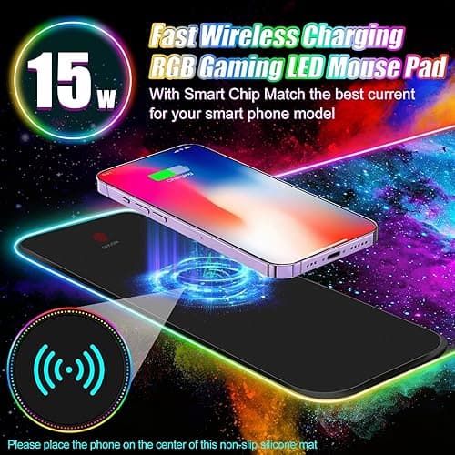 ToLuLu Wireless Charging RGB Gaming Mouse Pad, 15W LED Mouse Mat with 30W Charger, 14 Light Modes Large Mousepad with Wrist Support, Non-Slip Rubber Base Desk Mat Computer Keyboard Pad, Galaxy Nebula thumbnail 3