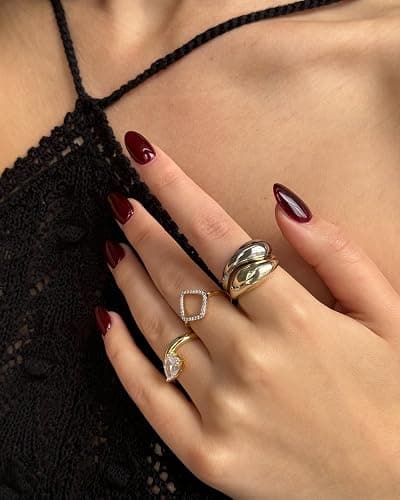 PAVOI 14K Gold Plated Mixed Metal Chunky Two Tone Wavy Dome Rings Pack for Women | Statement Ring Set thumbnail 4
