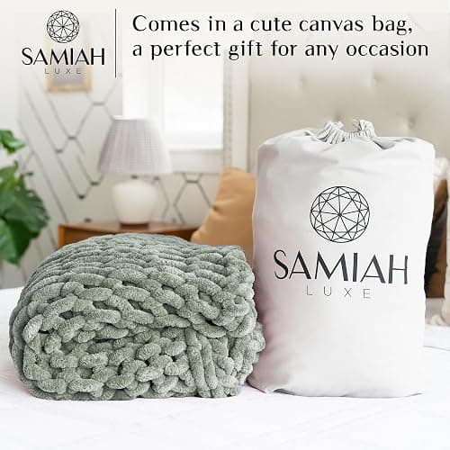 SAMIAH LUXE Sage Green Chunky Knit Blanket Throw 50x70, Chenille Chunky Knit Throw Blanket for Living Room Decor or Boho Decor, Thick Yarn Knitted Blankets for Couch or Bed, Knitted Crochet Blankets thumbnail 10
