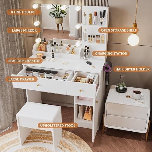 Yegosh Vanity Desk with Mirror and Lights Dimmable LED Makeup Table with Drawers Side Cabinet 3 Storage Shelves Power Outlet Dressing Table Set Include Holder Cushioned Stool for Bedroom(White) - 35.4 Inch+white thumbnail 4
