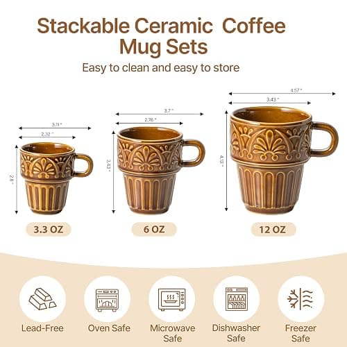 Ceramic Coffee Mug, Stackable Mug 3.3 OZ Coffee Mugs, Espresso Cups, Mugs Set of 6 for Latte Milk Hot Chocolate, for Men Women Kids, Ideal for Home Restaurant Daily Use & Holiday Gifting, Brown thumbnail 3