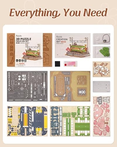 Rolife 3D Wooden Puzzle for Adults, Sakura Journey Tram DIY Model Building Kits with LED Lights, Creative Kids Craft Hobby Gift and Brain Teaser Home Decor Assembly Toy thumbnail 7