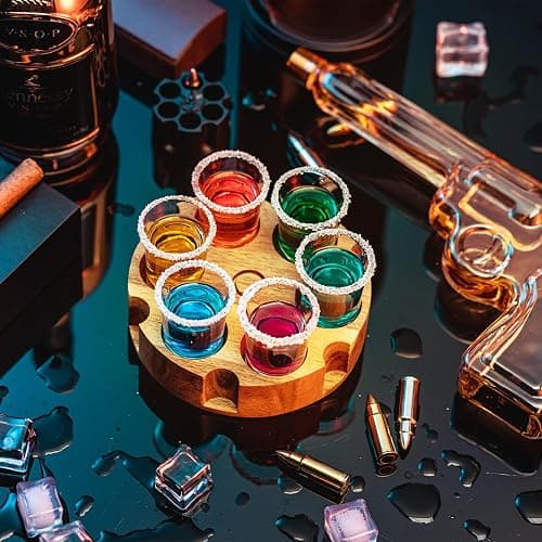 SUN GKOTTA Shot Glass Set Of 6,Tequila Glasses With Wooden Holder-Small Clear Shots For Restaurant,Bar,Party(Rustic Burnt Deluxe) thumbnail 2