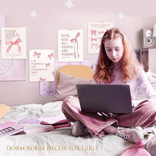 LARTSFRO Coquette Pink Bow Christian Wall Art Decor Posters, Pink Bow Christian Bathroom Room Bedroom Dorm Wall Art Decor Aesthetic for College Teen Girls Gifts,Inspirational Bible Verses Bow Wall Decor, 10x8 Inch Set of 4 Bow Pictures(UNFRAMED) thumbnail 5