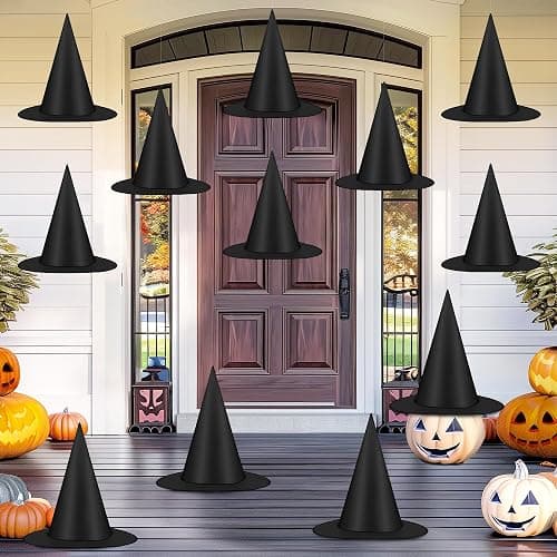 12 PCS Halloween Witch Hats, Black Hanging Witch Hats Porch Yard Decor | Witch Costume Accessories Witches Hat with 328 FT Nylon Cord Wizard Hats Indoor Outdoor Halloween Decorations - Image 1