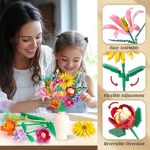 Linkowin 756 PCS Flower Bouquet Building Sets - 11 Kinds of Building Block Flowers, Botanical Collection Crafts Set for Home Office Decoration, Valentines Day for Adults Girl, No Vase thumbnail 4