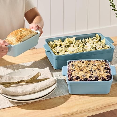 Best Choice Products Set of 3 Large Serving Trays, Party Platters and Ceramic Non-Stick Bakeware For Appetizers, Charcuterie, Snack, Dessert, Casserole, Sour Dough Bread Loaf - Cornflower Blue thumbnail 2