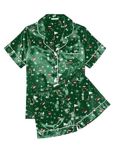 Ekouaer Womens Silk Satin Pajama Sets Soft Short Sleeve Button Down Sleepwear Top and Shorts 2 Piece Pjs Lounge Set S-XXL - Image 1