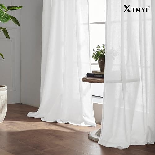 XTMYI White Curtains 84 Inches Long,Linen Semi Sheer Boho Light Filtering Textured Farmhouse Cotton Curtains for Bedroom Living Room 2 Panels Set,Back Tab Hooks Pleated thumbnail 9