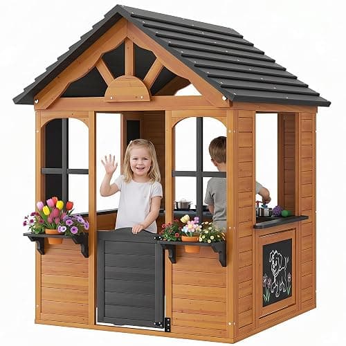 Aoxun Kids Outdoor Playhouse Wood Play House for Kids Ages 3-8 withPet Door | Backyard Cottage Playhouse with Play Kitchen,Snack Bar,Blackboards,Flowerpots,Children Toddler Playground Playset for Garden - Image 1