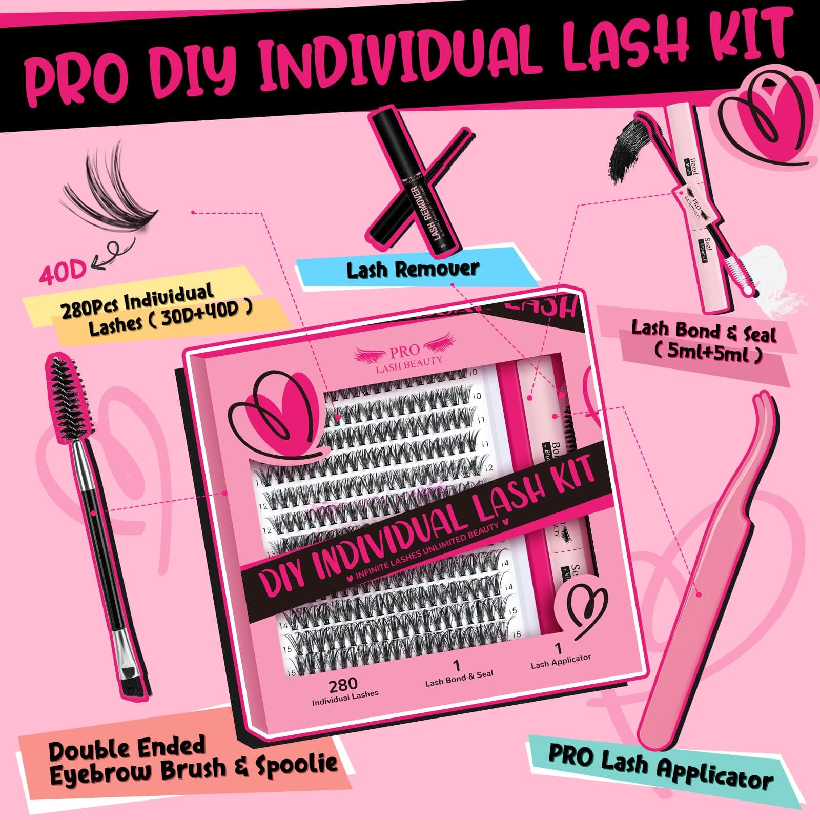Lash Extension Kit Lash Clusters Eyelash Extension Kit 280Pcs with Lash Applicator Lash Bond and Seal Eyelash Brush Individual Lashes Kit DIY Various Styles Easy to Apply at Home (40D-9-16mix Kit) thumbnail 2