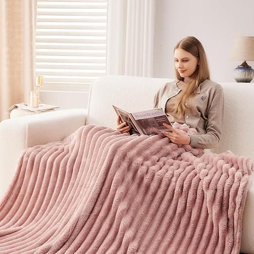 NEWCOSPLAY Super Soft Throw Blanket Pink Premium Silky Flannel Fleece 3D Ribbed Jacquard Lightweight Bed Blanket All Season Use (Pink Ribbed, Throw(50"x60")) - Pink Ribbed - Throw(50"x60") thumbnail 8