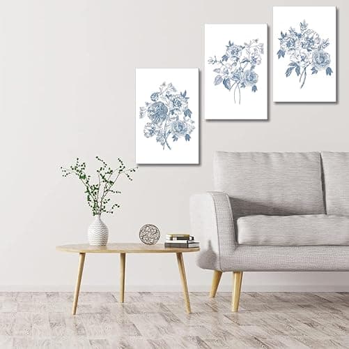 Blue Flower Canvas Wall Art Abstract Chinoiserie Floral Painting Picture Decor Minimalist Botanical Sketch Poster Print Artwork for Gallery Living Room Wall Home Decoration thumbnail 4