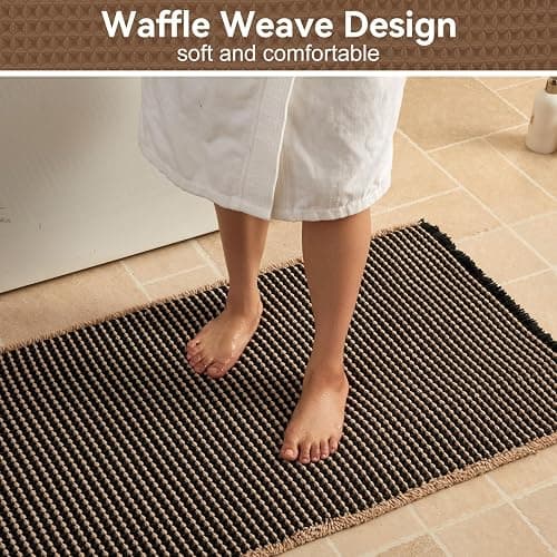 Triohero Waffle Bath Mat, Boho Bathroom Rugs Non Slip Washable, Ultra Soft Super Absorbent Quick Dry Farmhouse Bathroom Decor, 24" x 48", Black & Khaki thumbnail 3