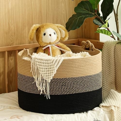 KAKAMAY Large Blanket Basket (20"x13"),Woven Rope Baskets for storage Baby Laundry Hamper, Cotton Rope Blanket Basket for Living Room, Laundry, Nursery, Pillows,Baby Toy chest (Jute/Black) thumbnail 8