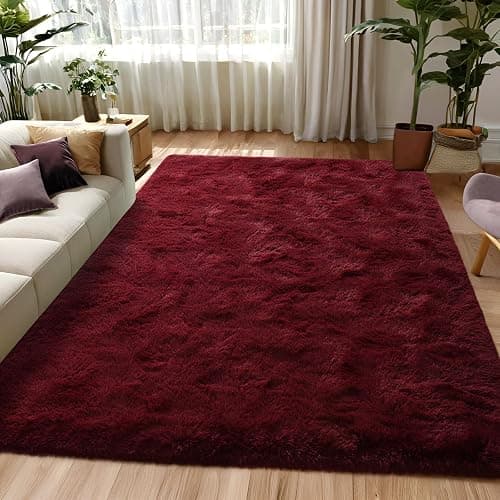 FALARK Fluffy Burgundy Red Rugs for Bedroom, 3x5 Feet Dark Red Area Rug for Boys Kids Girls Bedroom, Soft Shaggy Plush Cute Floor Carpet for Baby Nursery, Non Slip and Washable Carpets for Home Decor - Image 1