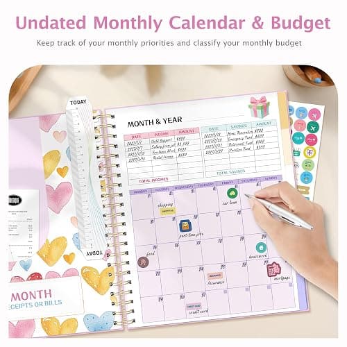 Ospelelf Oversized Budget Planner and Monthly Bill Organizer, Spiral Bindding Money Expense Tracker with Pockets & Stickers, 9" X 11" Large Pages for Spacious Writing, Original Fun Colorful Design, 12 Month Financial Notebook Pink thumbnail 4