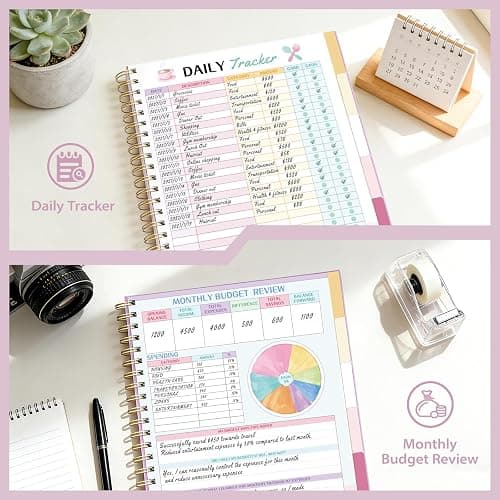 Ospelelf Oversized Budget Planner and Monthly Bill Organizer, Spiral Bindding Money Expense Tracker with Pockets & Stickers, 9" X 11" Large Pages for Spacious Writing, Original Fun Colorful Design, 12 Month Financial Notebook Pink thumbnail 5