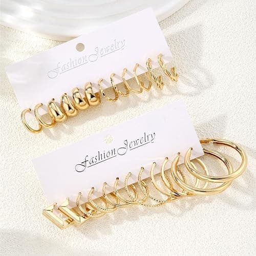 17IF 12 Pairs Golden Hoop Earring Set for Women Chunky Smooth Surface Trendy Small to Big Stud Earring Lightweight Twisted Pearl Ear Pack thumbnail 5