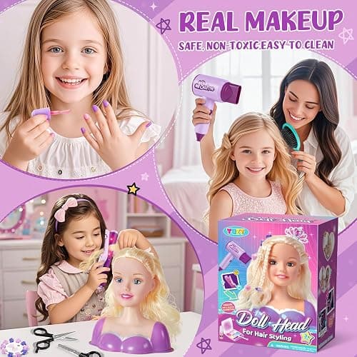 TUZT Hair Styling Doll Head Makeup Kit for Girls Toys, Hair Salon Toys & Real Makeup Nail Polish, Kid Beauty Hair Stylist with Hairdryer Curling Iron, Birthday Gift for Girl 3 4 5 6 7 8+ Year Old Toy thumbnail 2