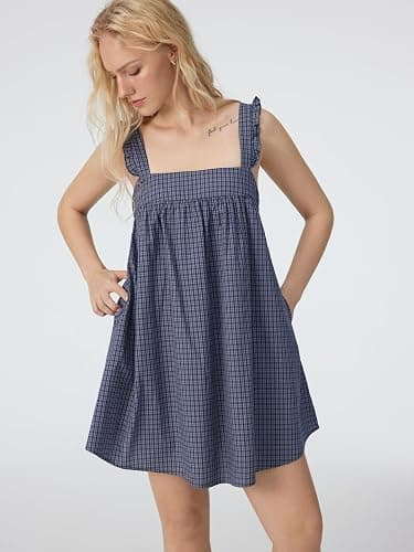 CIDER Womens Mini Dress Gingham Print Square Neck Ruffle Straps Loose Fit Slip Dress Holiday Casual Dresses thumbnail 4