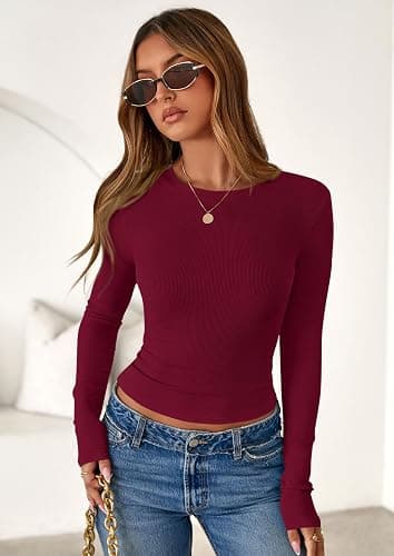 PRETTYGARDEN Women 2025 Fall Clothes Long Sleeve Shirts Ribbed Knit Fitted Basic Tee Going Out Tops Underscrub Casual Outfits thumbnail 8