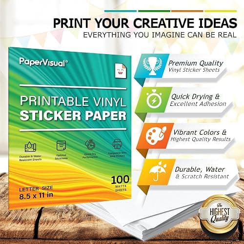 Premium Printable Vinyl Sticker Paper for Inkjet and Laser Printer - 100 White Matte Sticker Paper Waterproof - Excellent Adhesion Paper 8.5 x 11, Fast Dry, Holds Ink Well, Great for Cutting Machines thumbnail 4