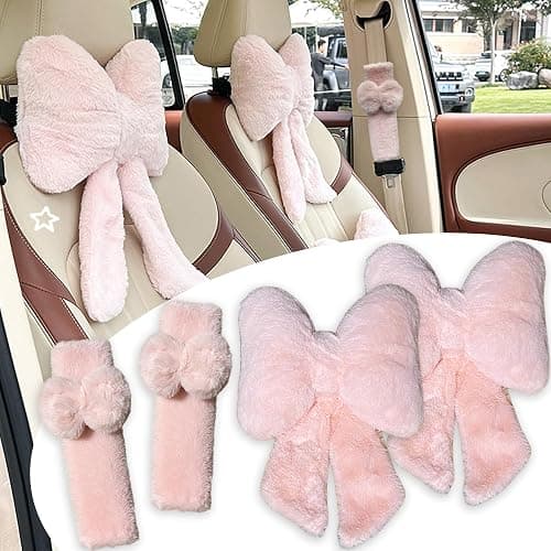 UINSUE Car Neck Pillow 2PCS Plush Bowknot Car Headrest Pillow – Comfortable Neck Support for Driving Soft Touch Fabric Car Pillow Cute Interior Decor (Pink Set 4 Pcs) - Image 1
