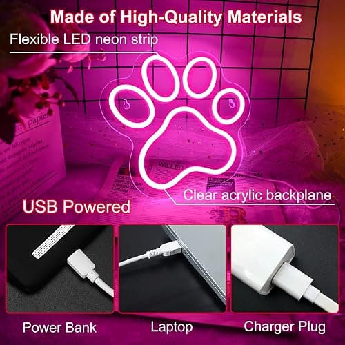 Aslanka LED Cat Dog Paw Neon Sign, Dimmable Led Doggy Foot Print Neon Light for Wall Decor, USB Powered Lighted Acrylic Kitten Sign for Living Room Bedroom Doghouse Pet Shop Daughter Girls Gifts-Pink thumbnail 6