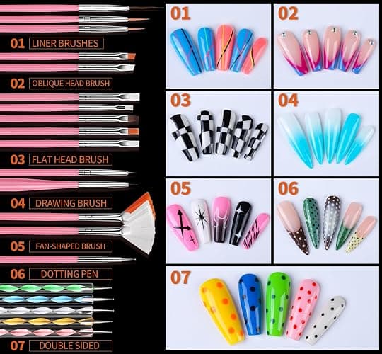 FANDAMEI Nail Art Kit, Nail Design Tools kit with Nail Brushes, Dotting tool, Mixing Palette, Nail Stand. Fake Nail Kits with Almond Gel Nail Tips, Nail Glue, Adhesive Tabs, Nail File. Manicure Set thumbnail 2