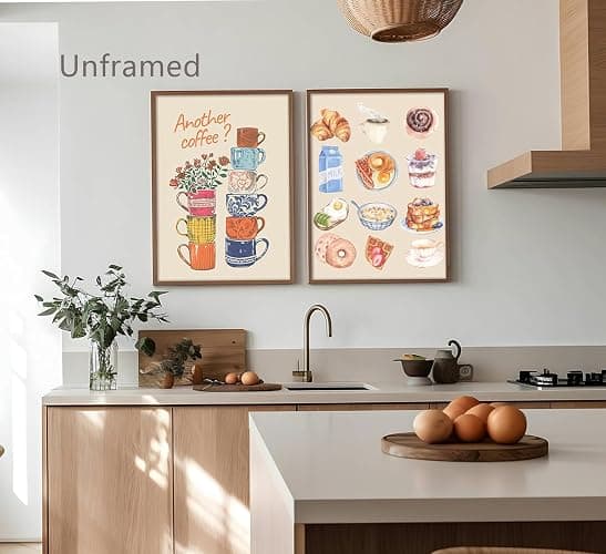 Modern Coffee Kitchen Canvas Wall Art Colorful Breakfast Food Croissant Painting Picture Wall Decor Trendy Coffee Cups with Flower Poster Print Artwork for Dining Room Bedroom Dorm Decorate, Unframed thumbnail 2