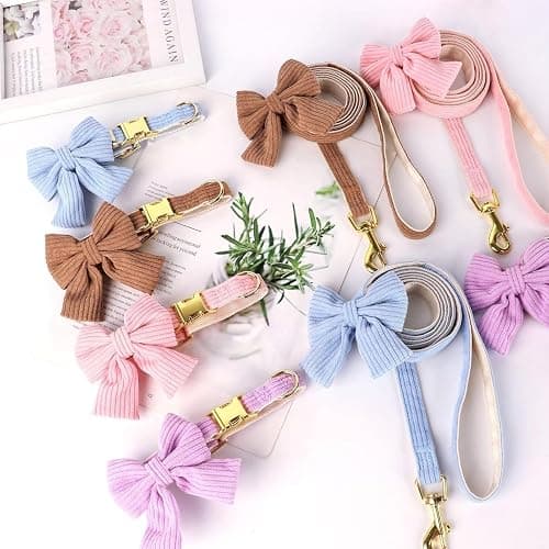 RoseYouth Dog Collar and Leash Set with Bowtie, Soft & Cute Puppy Collar, Cotton Puppy Collar with Adjustable Metal Buckle for Small, Medium Dog (White, Size S: Neck 10"-16") thumbnail 9