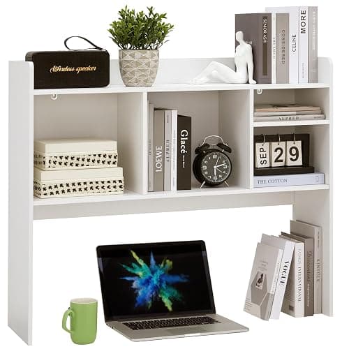 Nromant Desktop Bookshelf, Wooden Desk Storage Hutch with 6 Shelves for Computer Desk, 3-Tier Desktop Display Organizer Rack for Office Home (White) - White thumbnail 3