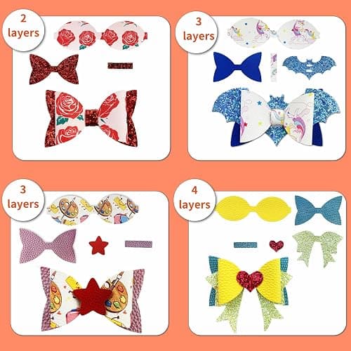 AOUXSEEM 348 Pcs 60 Set Faux Leather Hair Bows DIY Making Kit for Beginners, Contains Assorted Random Printed Glitter Solid Fabric Pre Cut Pieces, Make Stylish Girls Hair Clips thumbnail 4