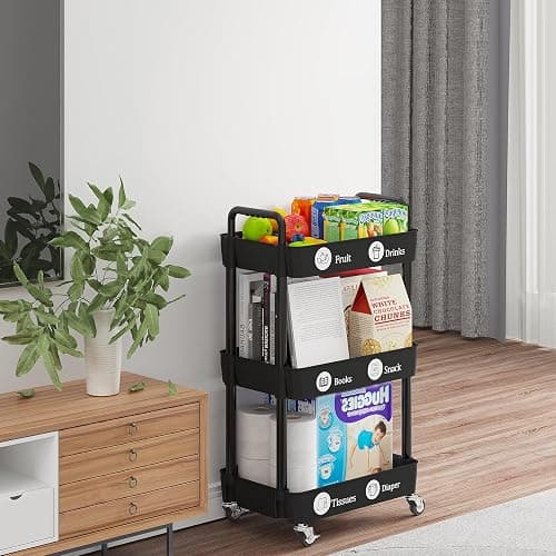 Laiensia 3-Tier Storage Carts,Multifunction Utility Rolling Cart Kitchen Storage Organizer,Mobile Shelving Unit Cart with Lockable Wheels for Bathroom,Laundry,Living Room,With Classified Sticker,Black thumbnail 6