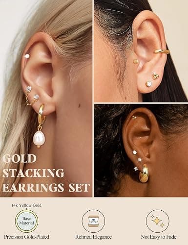 LOLIAS Flat Back Earrings for Women Hypoallergenic Surgical Steel Earrings for Sensitive Ears-20G Cartilage Earring Stacks 14K Gold Plated Hoops Flatback Stud Earring Sets for Multiple Piercing thumbnail 4