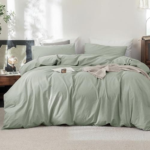 FOSSA Duvet Cover Set 100% Washed Cotton Linen Feel Super Soft Breathable Cozy 3 Pieces Bedding Sets Solid Sage Green Full/Double - Image 1