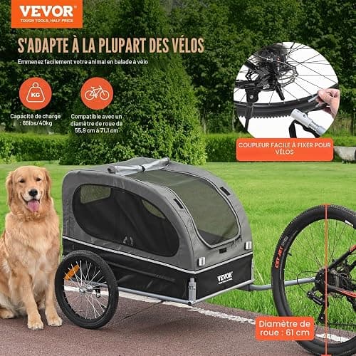 VEVOR Remorque vélo pour Chien, Charge, Porte Animaux de Compagnie de vélos, Cadre Pliable Facile avec Roue à dégagement Rapide, coupleur de vélo Universel, réflecteur, Drapeau, Laisse Interne thumbnail 2