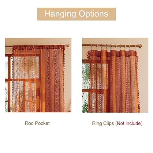 Sutuo Home Terracotta Boho Lace Curtains 2 Panels 84 Inches Long for Living Room&Bedroom, Burnt Orange Crochet Privacy Farmhouse Vintage Tassels Retro Halloween Window Sheer Curtains Rod Pocket,50" W thumbnail 5