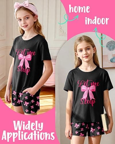 Sylfairy Girls Pajamas Sets Short Sleeve Summer Pjs for Girls Bow Sleepwear Kids Clothes Sets Size 3-16 thumbnail 3